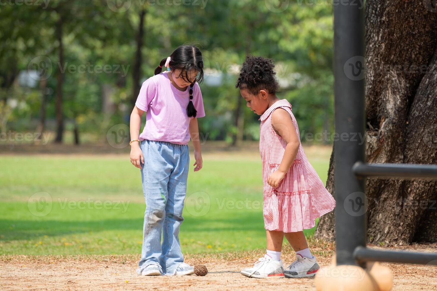 contento poco ragazze godendo un' passeggiare nel il parco foto