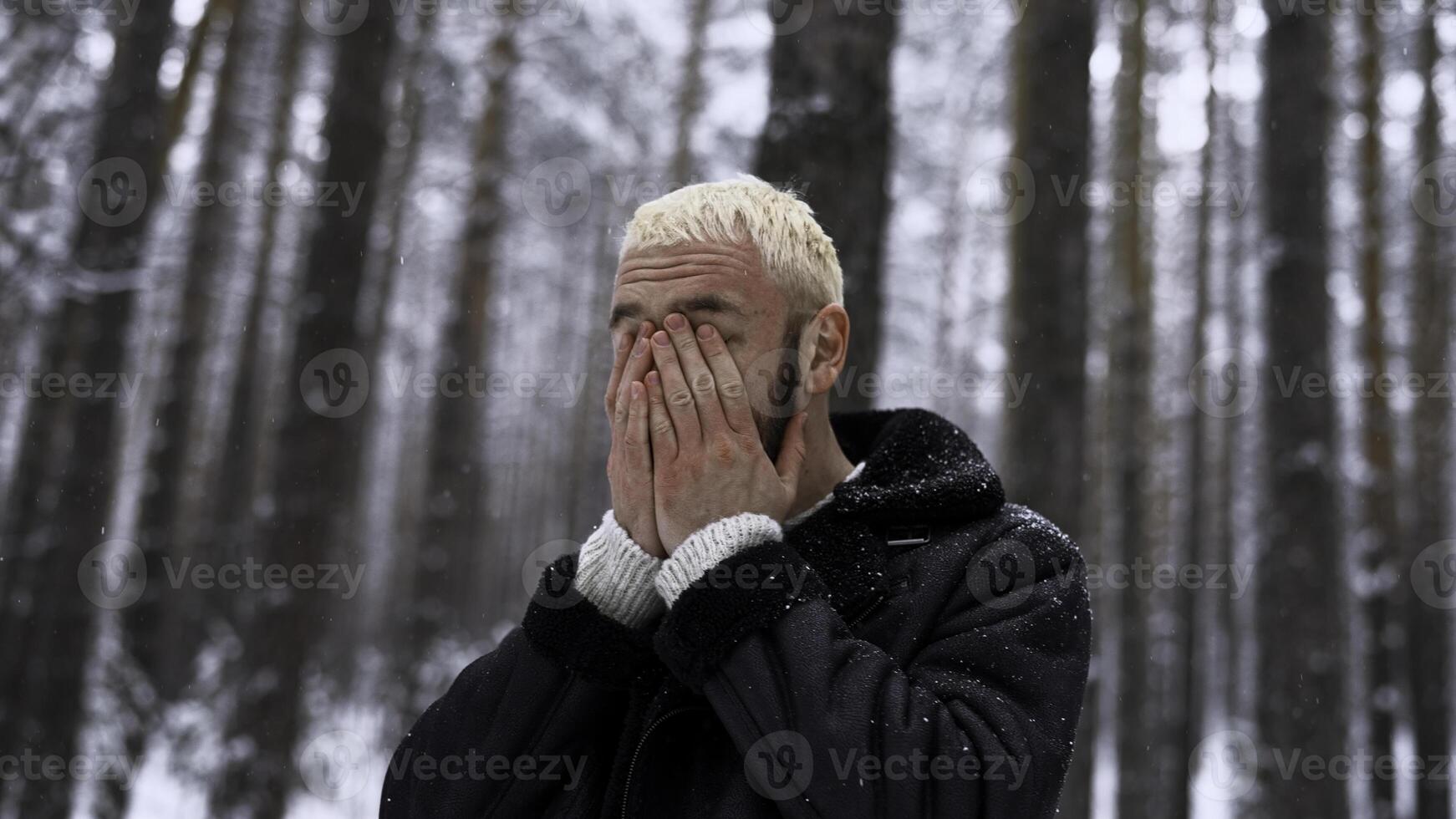 elegante fricchettone uomo nel pino albero inverno foresta sfregamento il suo freddo rosso viso con il suo mani. media. ritratto di un' uomo all'aperto la spesa tempo solo nel inverno boschi. foto