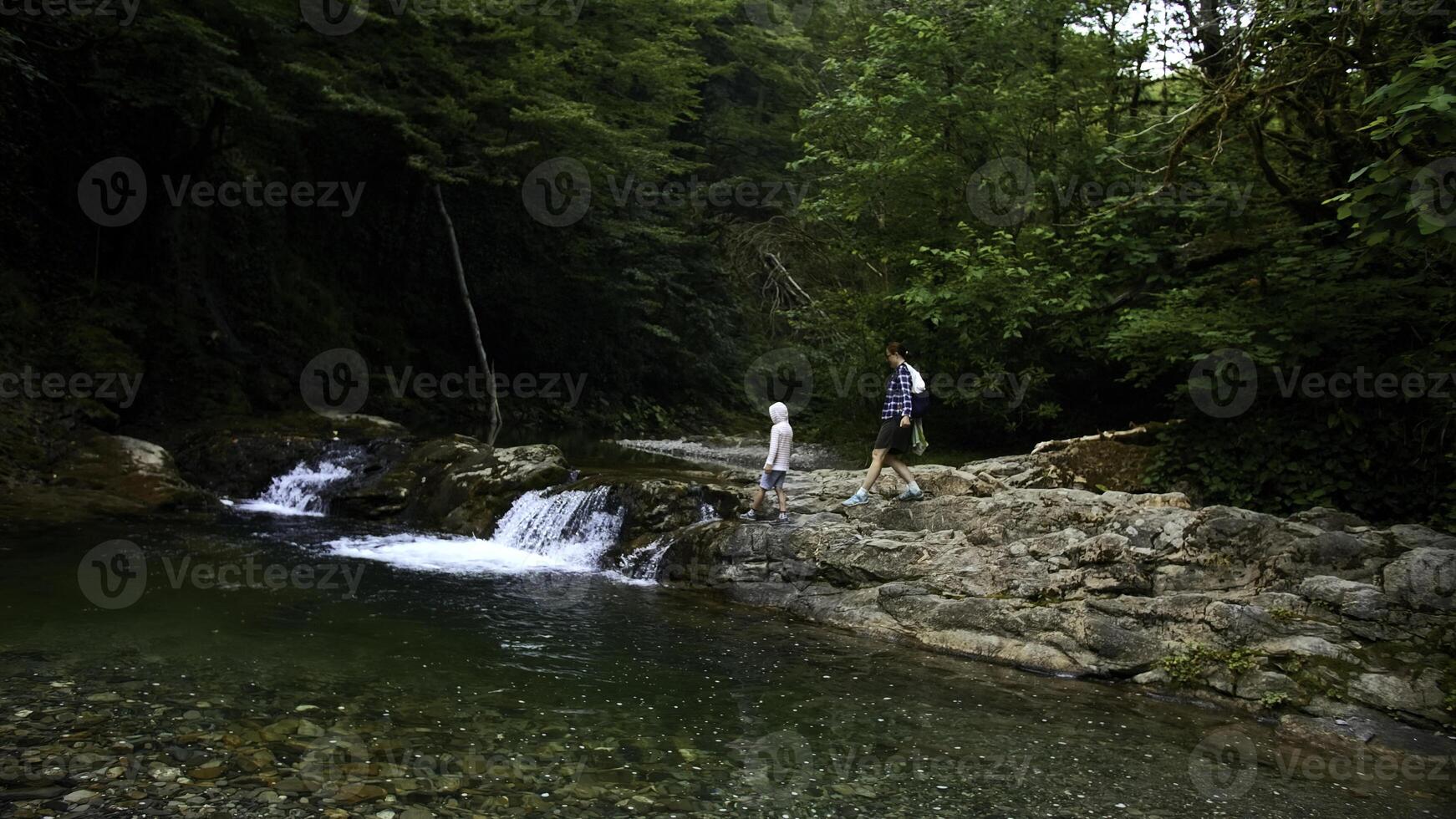 donna e ragazzo a piedi lungo naturale stagno con piccolo cascata, estate volta. creativo. in viaggio nel giungle. foto