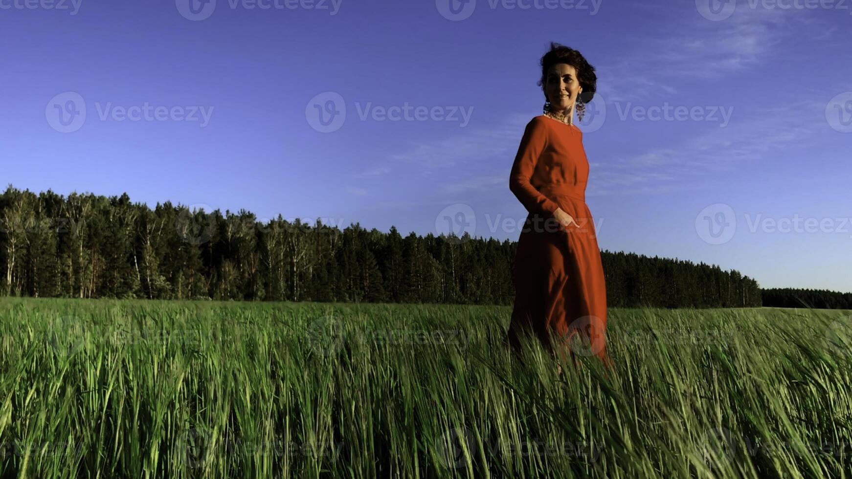 ritratto di un attraente donna nel rosso vestito nel un' campo di fresco verde Grano. azione clip. erbaceo sfondo. sorprendente natura, terreno agricolo, in crescita cereali. foto