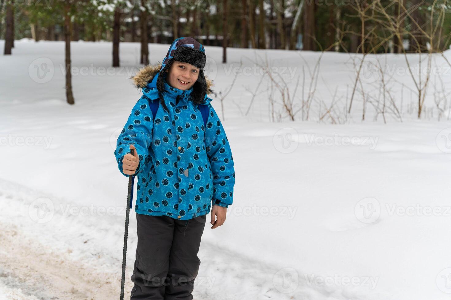 contento caucasico ragazzo indossare caldo Abiti e cappello a piedi su nevoso inverno strada foto