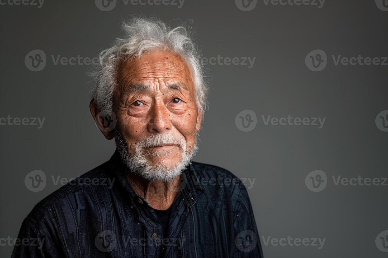 ai generato ritratto di asiatico anziano uomo su un' buio grigio sfondo foto