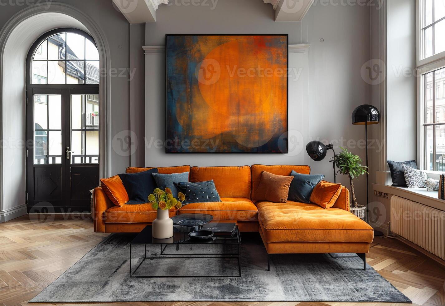 ai generato moderno interno design di vivente camera con elegante arancia divano astratto dipinti su il parete e elegante Accessori nel il elegante casa arredamento. foto