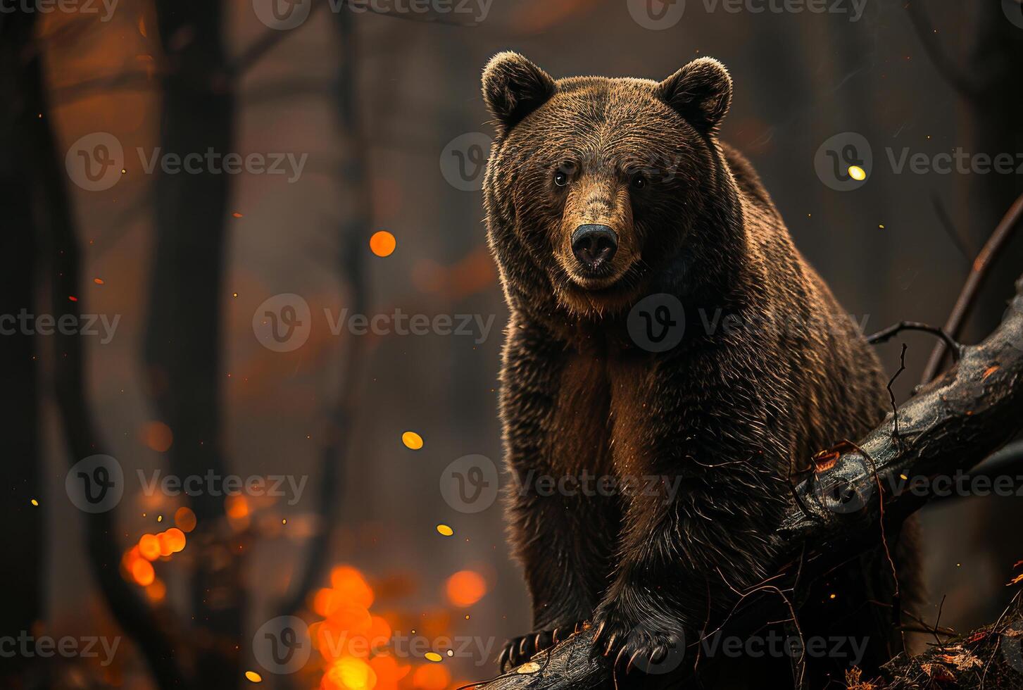 ai generato Marrone orso seduta su albero nel il mezzo di il foresta con arancia le foglie e fuoco su il sfondo foto