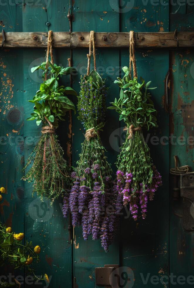 ai generato fresco erbe aromatiche sospeso su guinzaglio nel davanti di vecchio di legno porta foto