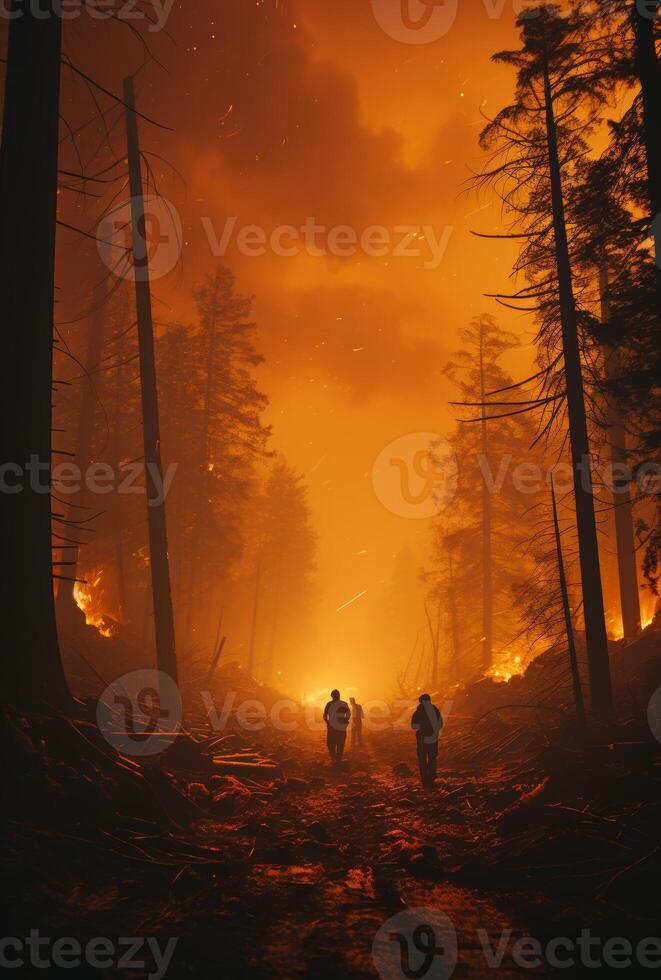 ai generato Due uomini camminare attraverso foresta a notte Engulfed nel fiamme. foto