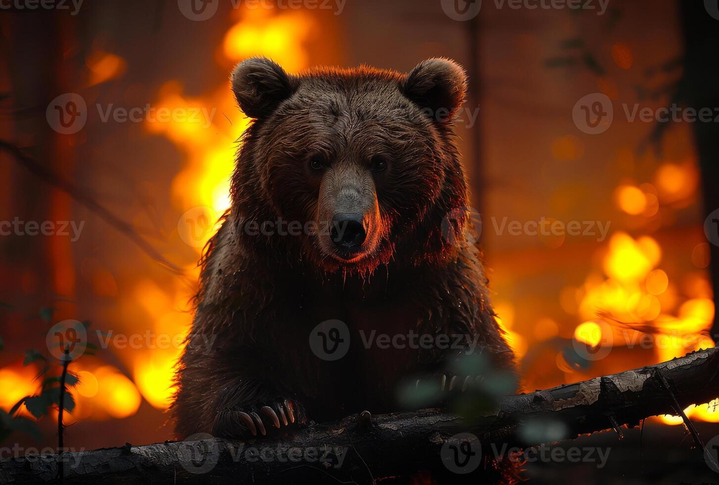 ai generato grande Marrone orso in piedi su albero nel davanti di foresta fuoco foto