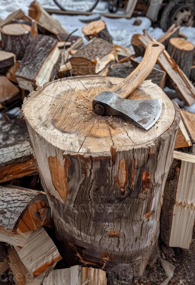 ai generato grande ascia è incollato nel di legno ceppo mucchio di legna da ardere è nel il sfondo foto