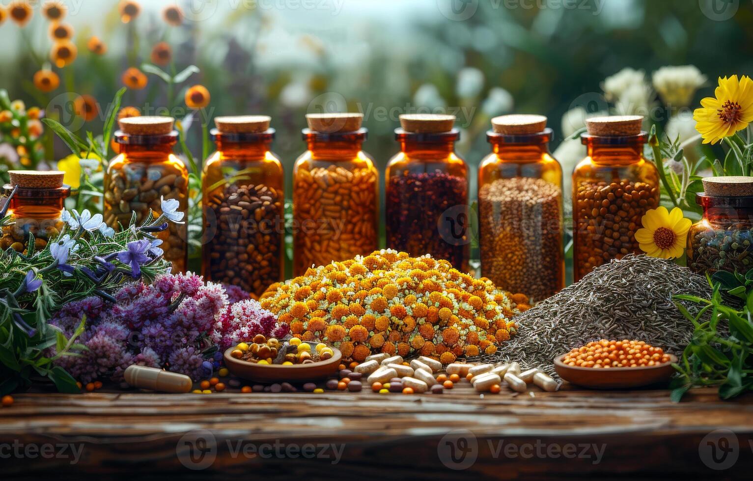 ai generato il naturale medicina erbaceo medicinali e vecchio farmacia con erbe aromatiche e medicinali foto
