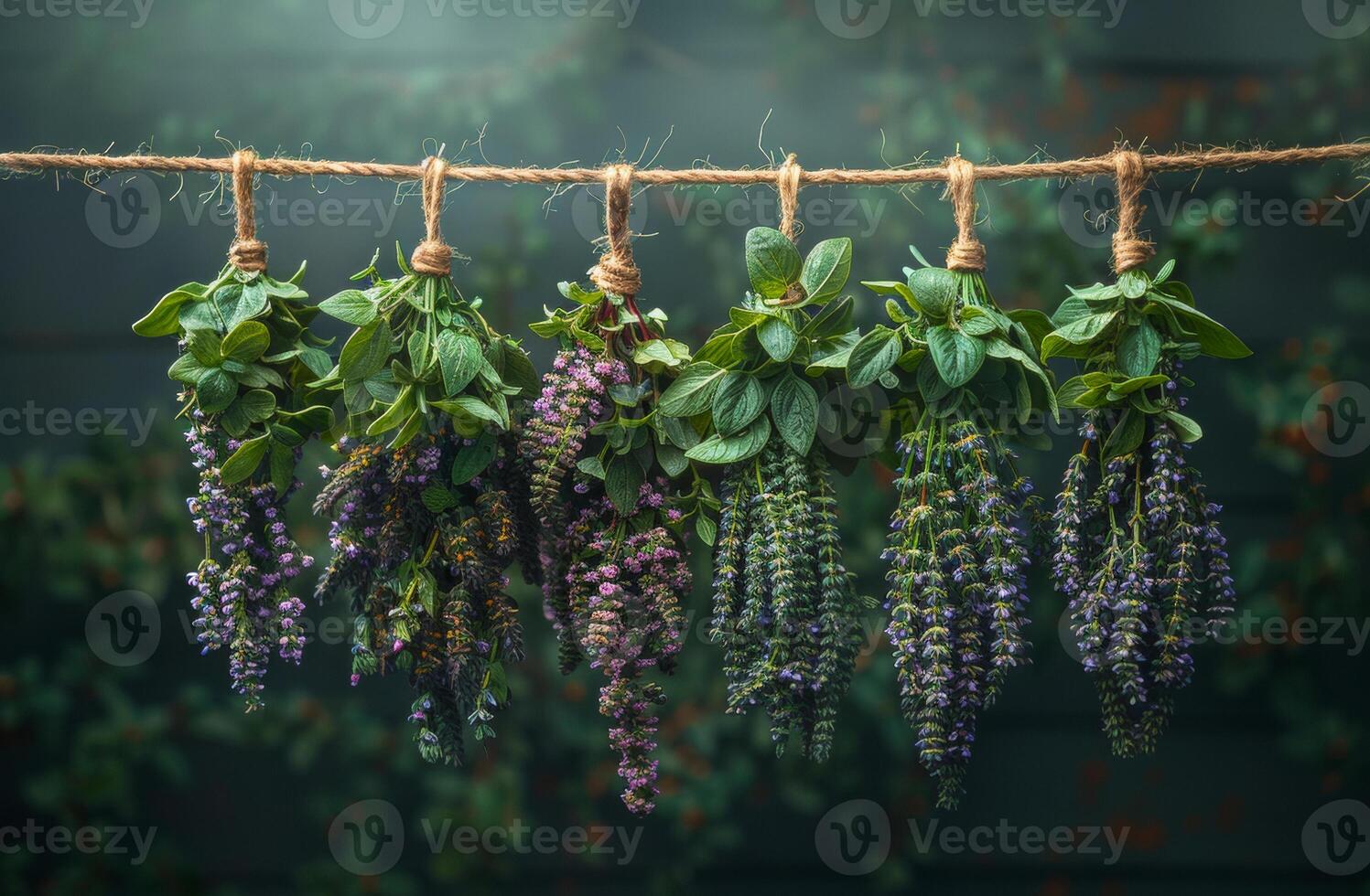 ai generato fresco erbe aromatiche e fiori sospeso per asciutto nel il giardino. naturale medicinale. foto