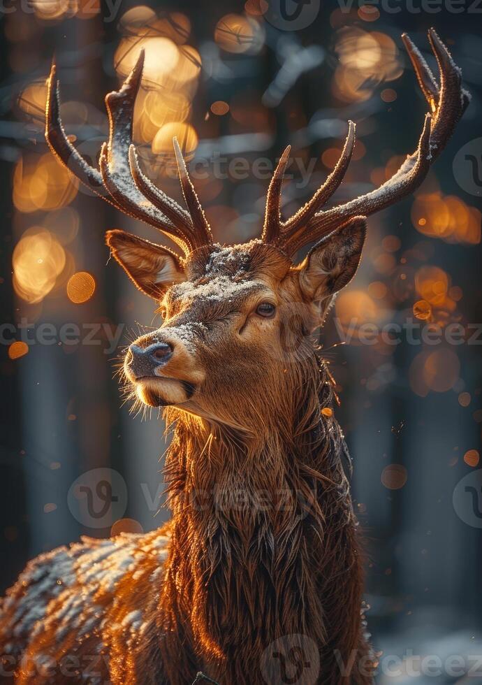 ai generato ritratto di nobile cervo con grande corna e bellissimo grande occhi nel il inverno foresta foto