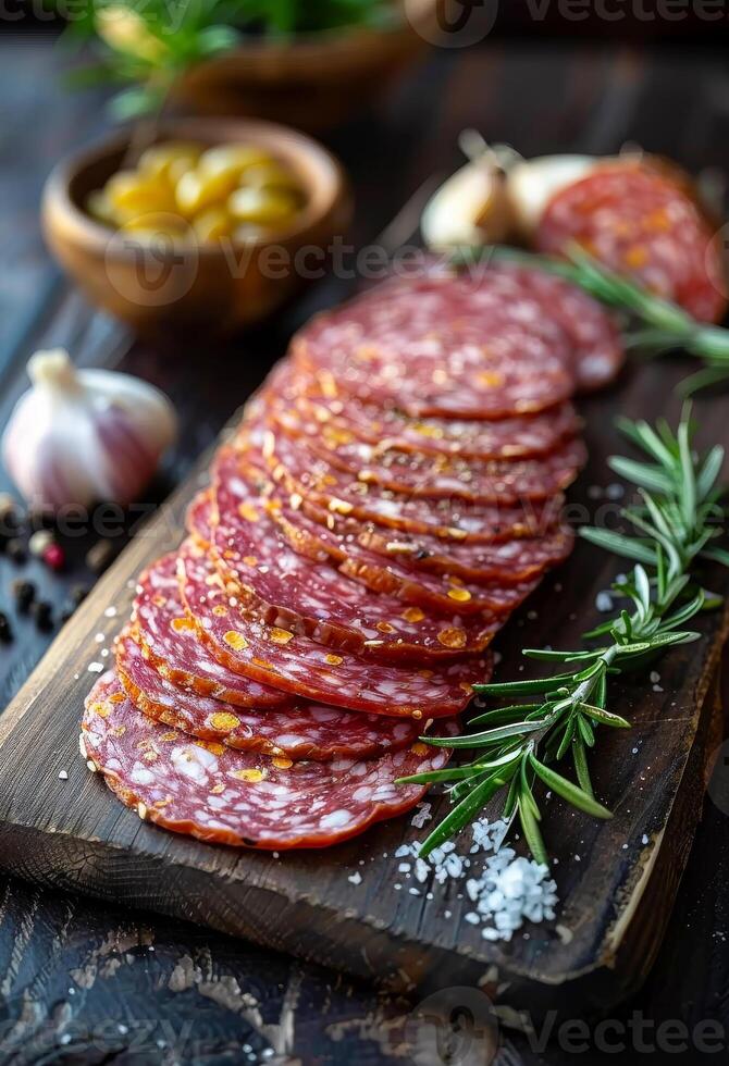 ai generato fette di salame con rosmarino e aglio su il di legno tavola foto