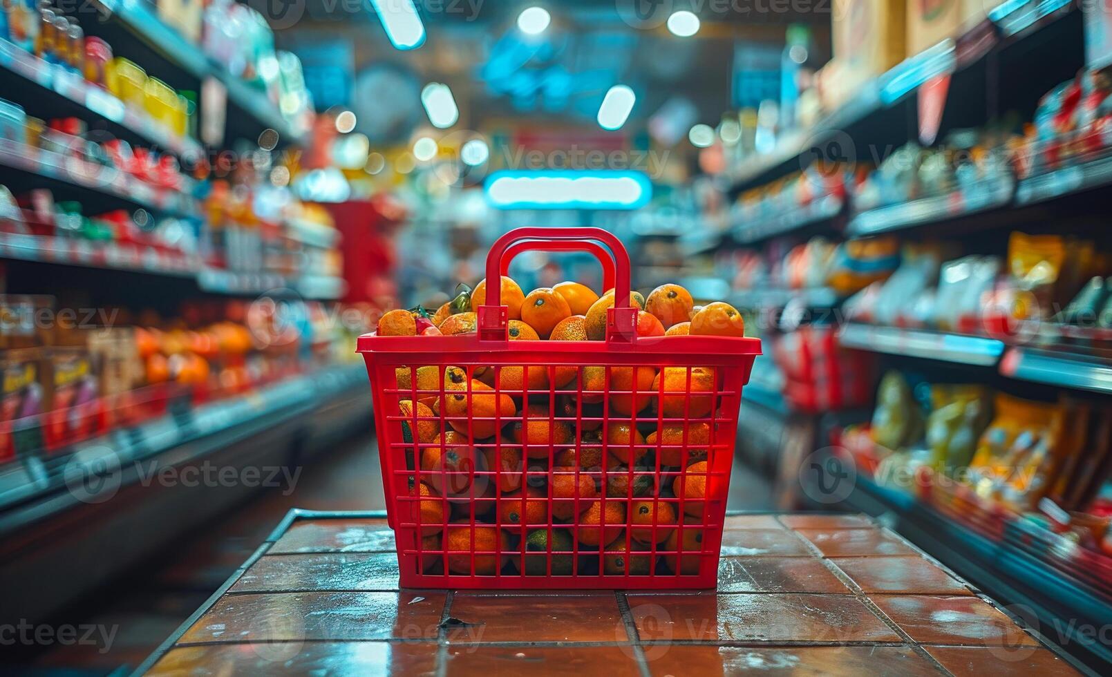 ai generato rosso shopping cestino pieno con arance nel supermercato corridoio foto