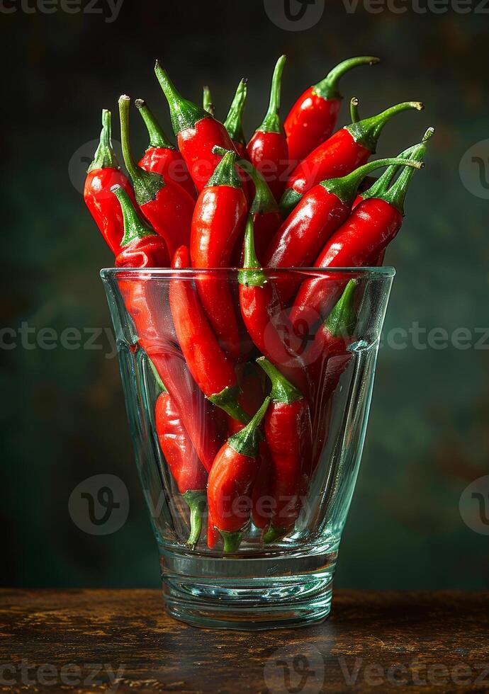 ai generato rosso caldo chili peperoni nel bicchiere ciotola. un' immagine prese di rosso caldo chillis nel un' bicchiere foto