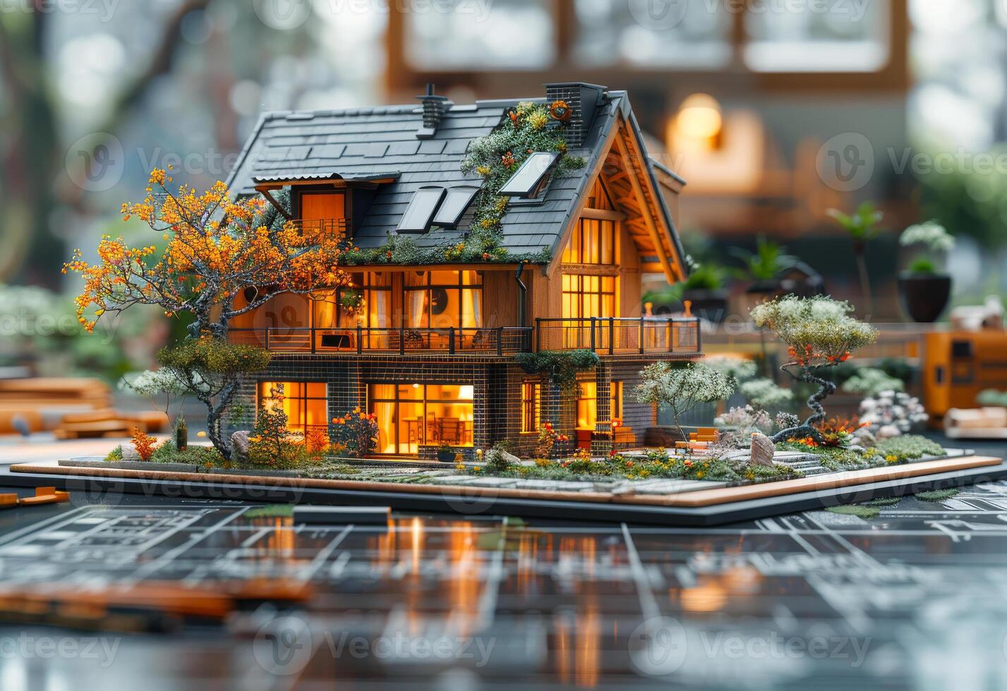 ai generato miniatura Casa. insolito 3d illustrazione di accogliente di legno Casa con terrazza e ponte nel il foresta a notte. foto