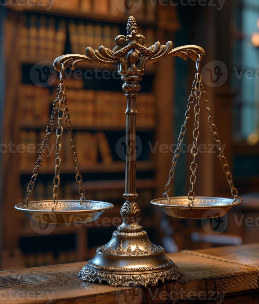 ai generato simbolo di legge e giustizia su il tavolo legge e giustizia concetto messa a fuoco su bilancia foto