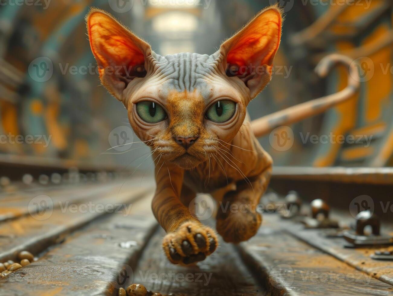 ai generato sphynx gatto corre su il rotaie. un' sphynx gatto in esecuzione passato il arte direzione foto