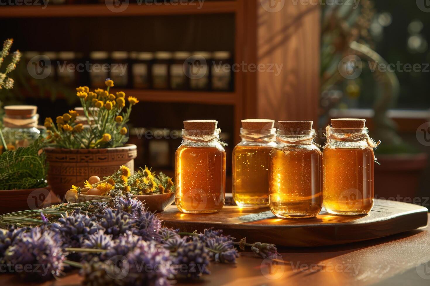 ai generato quattro bottiglie di erbaceo tintura con fresco lavanda fiori su tavolo nel soleggiato casa foto