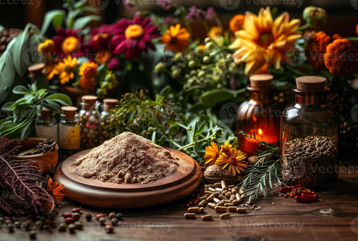 ai generato ayurvedico medicina naturale ingredienti e fiori su di legno tavolo foto