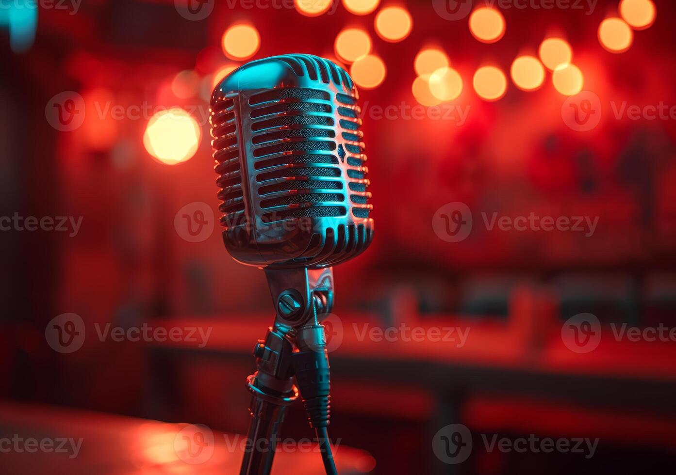 ai generato Vintage ▾ microfono su palcoscenico nel il notte club foto