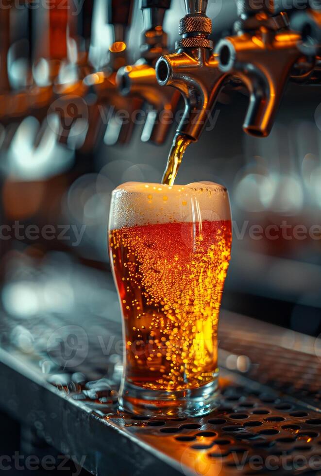 ai generato birra rubinetto scrosciante bozza birra chiara birra nel bicchiere foto