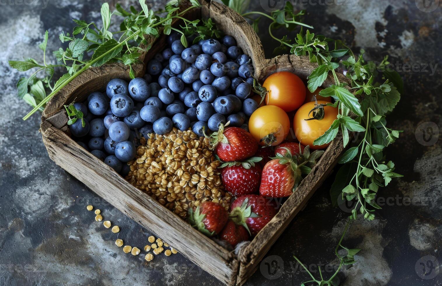 ai generato salutare cibo. fresco frutti di bosco e cereali nel di legno scatola foto