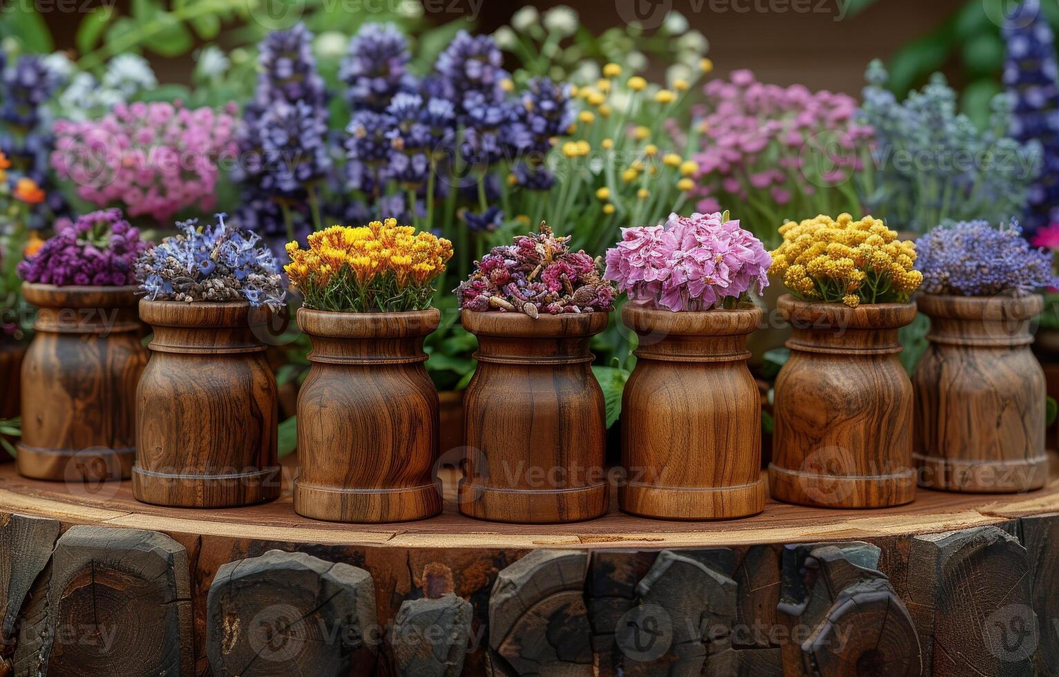 ai generato bellissimo primavera fiori nel di legno vasi. naturale medicina foto