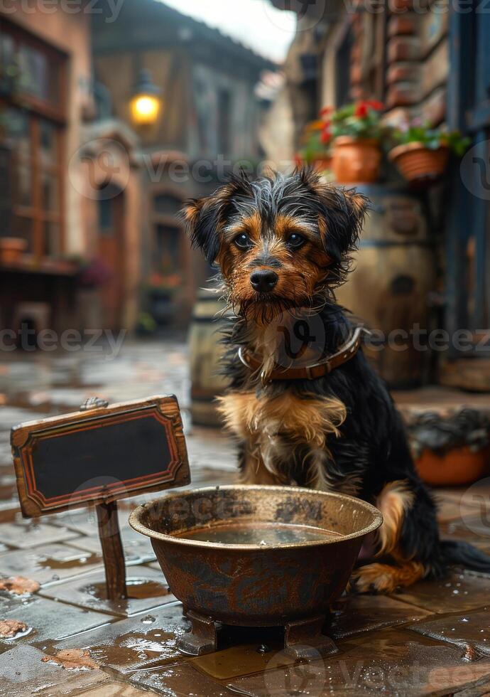 ai generato carino poco cane è seduta su scala nel strada di medievale cittadina foto