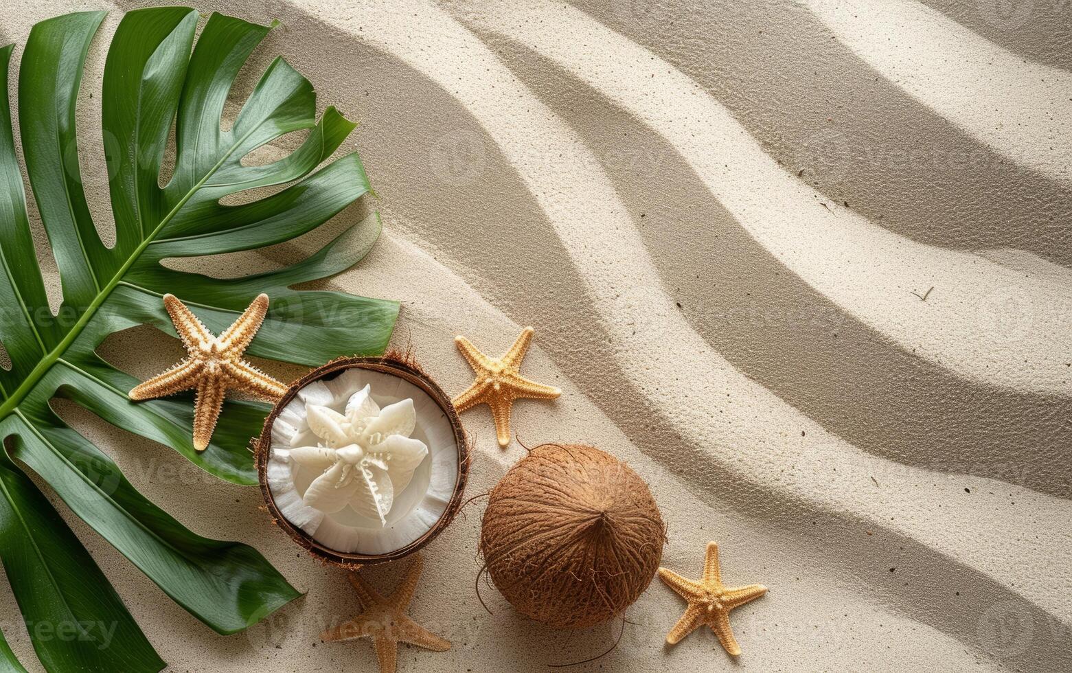 ai generato un' tranquillo spiaggia composizione con un' Monstera foglia, totale noci di cocco, e un stella marina su sabbia fondale foto