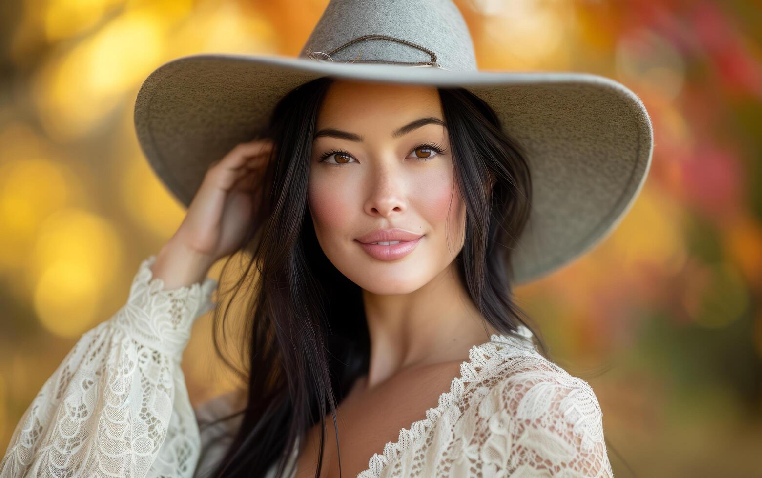 ai generato catturato nel un' d'oro autunno incandescenza, un' donna con tonalità olivastra pelle e lungo, buio capelli sorrisi sottilmente foto