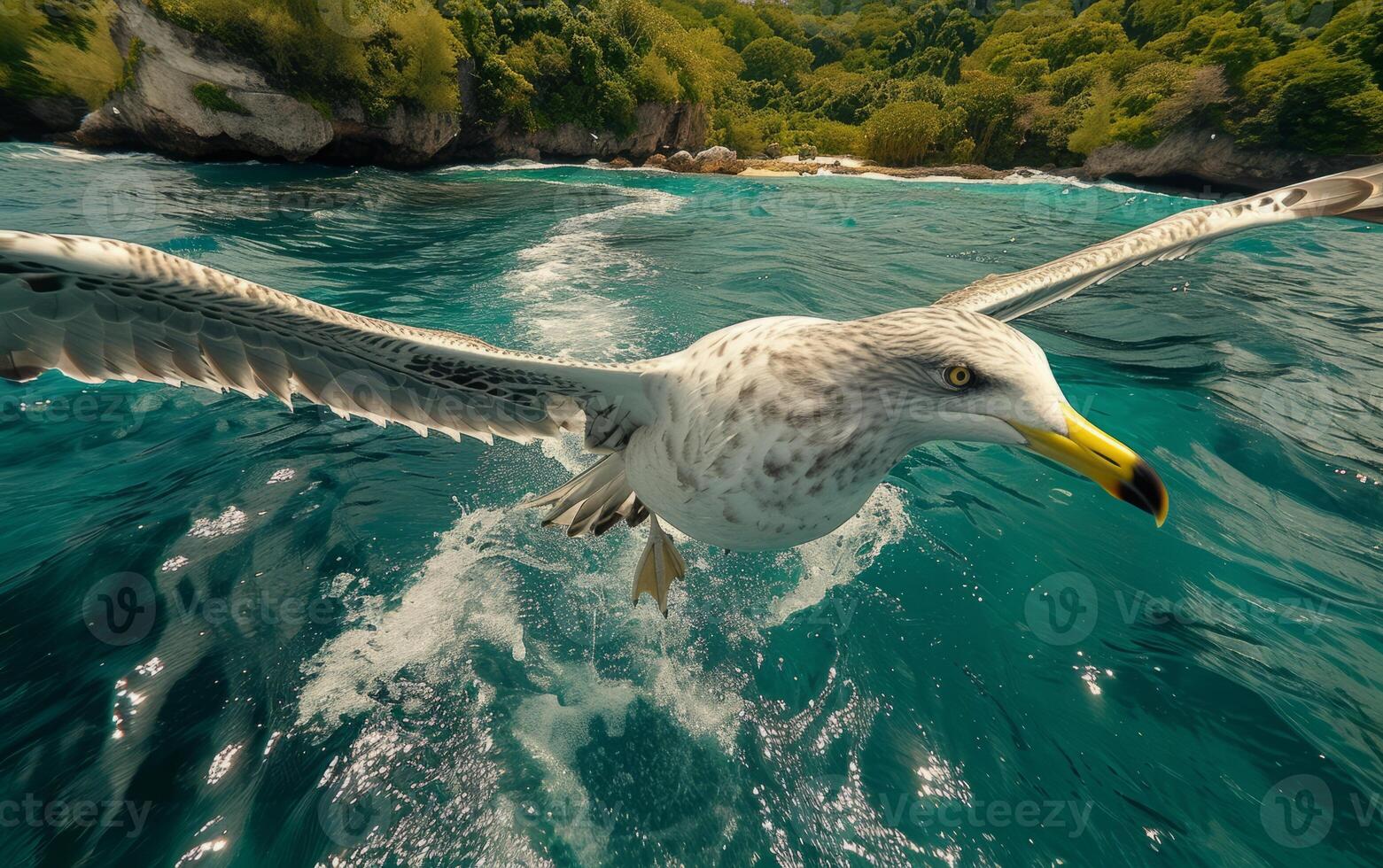 ai generato un' gabbiano scivola al di sopra di il zangolatura mare, un' magistrale Schermo di aviaria grazia e la libertà foto