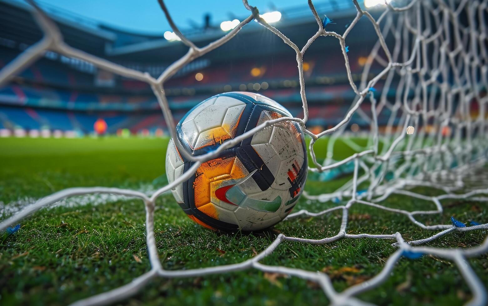 ai generato un' vicino su Visualizza di un' logoro calcio palla annidato nel il obbiettivo netto foto