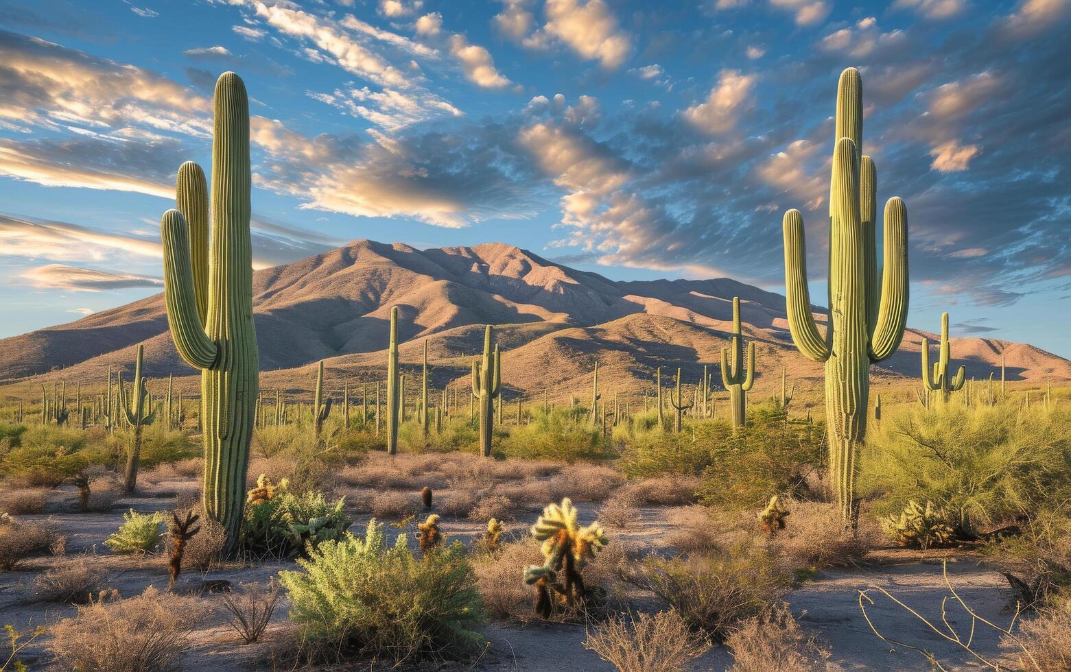 ai generato alto saguaro cactus dominare il deserto paesaggio con un' fondale di un' montagna gamma a tramonto foto