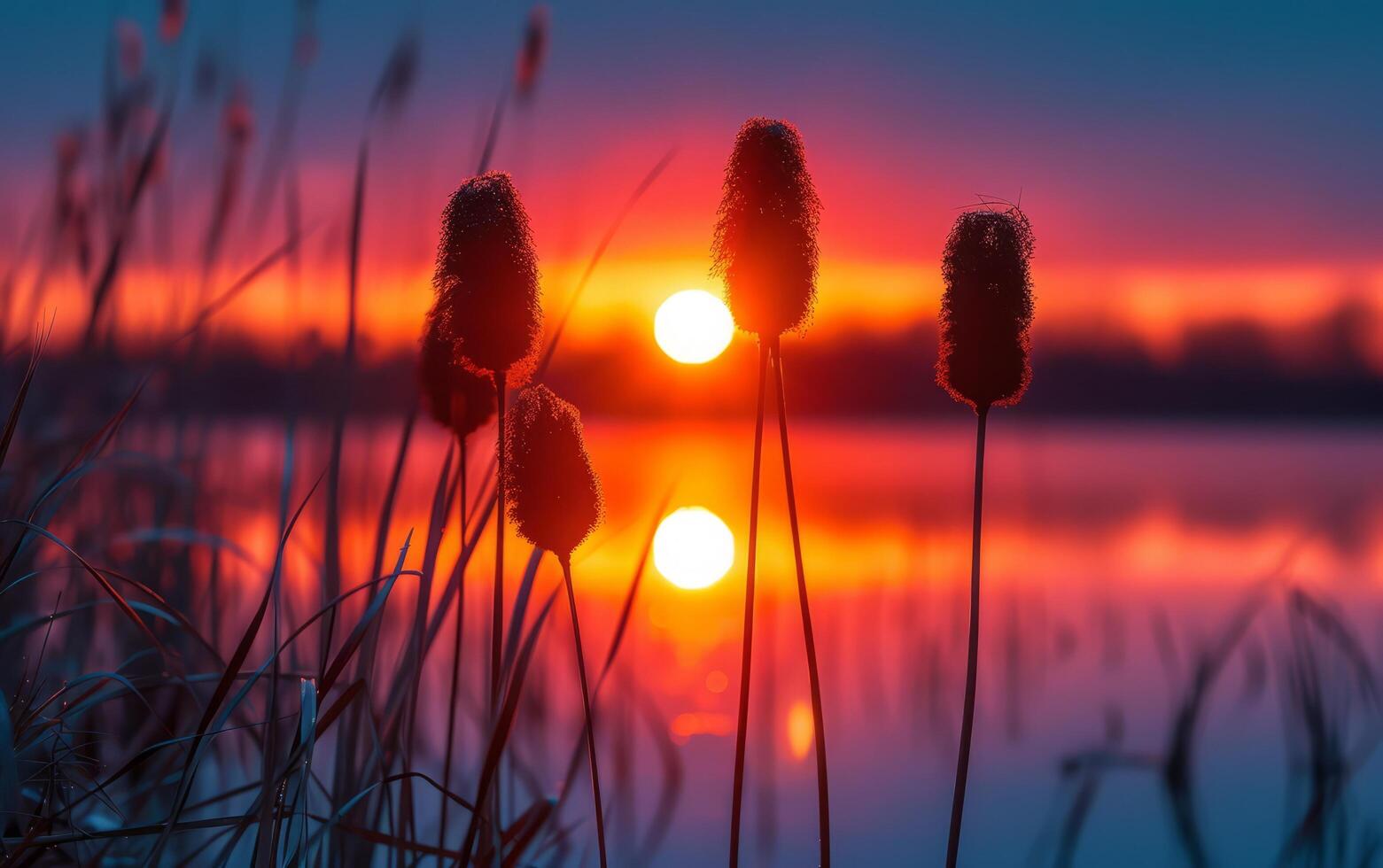 ai generato il ardente globo di il ambientazione sole si illumina intensamente dietro a staglia cattails a il acqua bordo foto