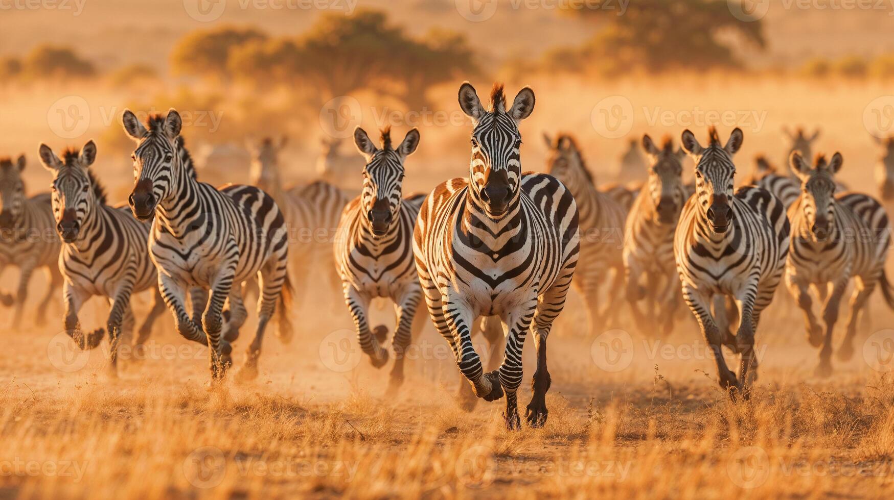 ai generato dinamico movimento di un' mandria di zebre al galoppo attraverso il savana, illuminato di il d'oro tonalità di luce del sole foto