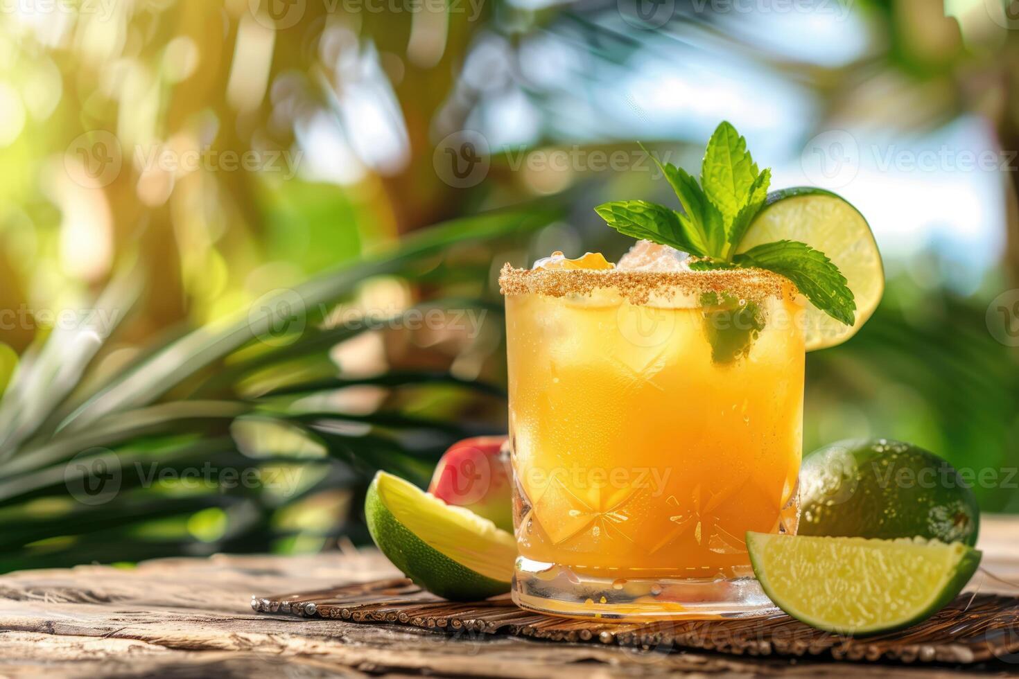 ai generato Mai tai tropicale cocktail con Rum, lime, menta contorno, arancia liquore, Amaretto sciroppo, mandorle foto