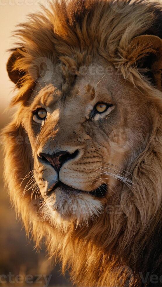 ai generato vicino su Visualizza di un' maestoso maschio Leone bagnata nel il caldo splendore di un' ambientazione sole nel il vasto africano savana foto