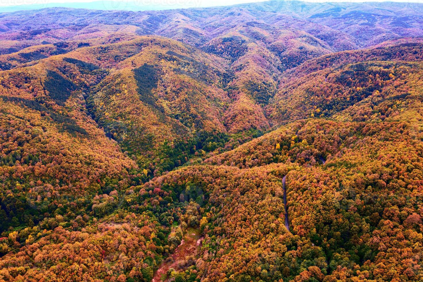 aereo Visualizza di montagna colline e valle coperto con autunno colori foto