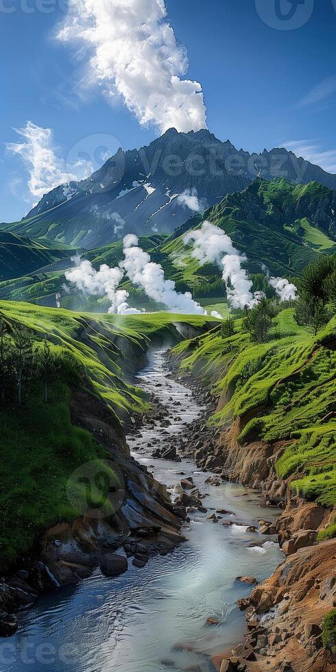 ai generato verticale Visualizza di un' valle con geyser, termico flussi, e vulcano su il sfondo foto