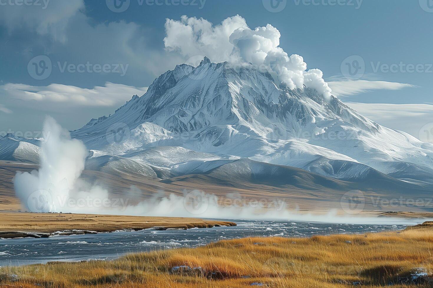 ai generato Visualizza di un eruzione vulcano a partire dal un' valle con fiume e geyser foto