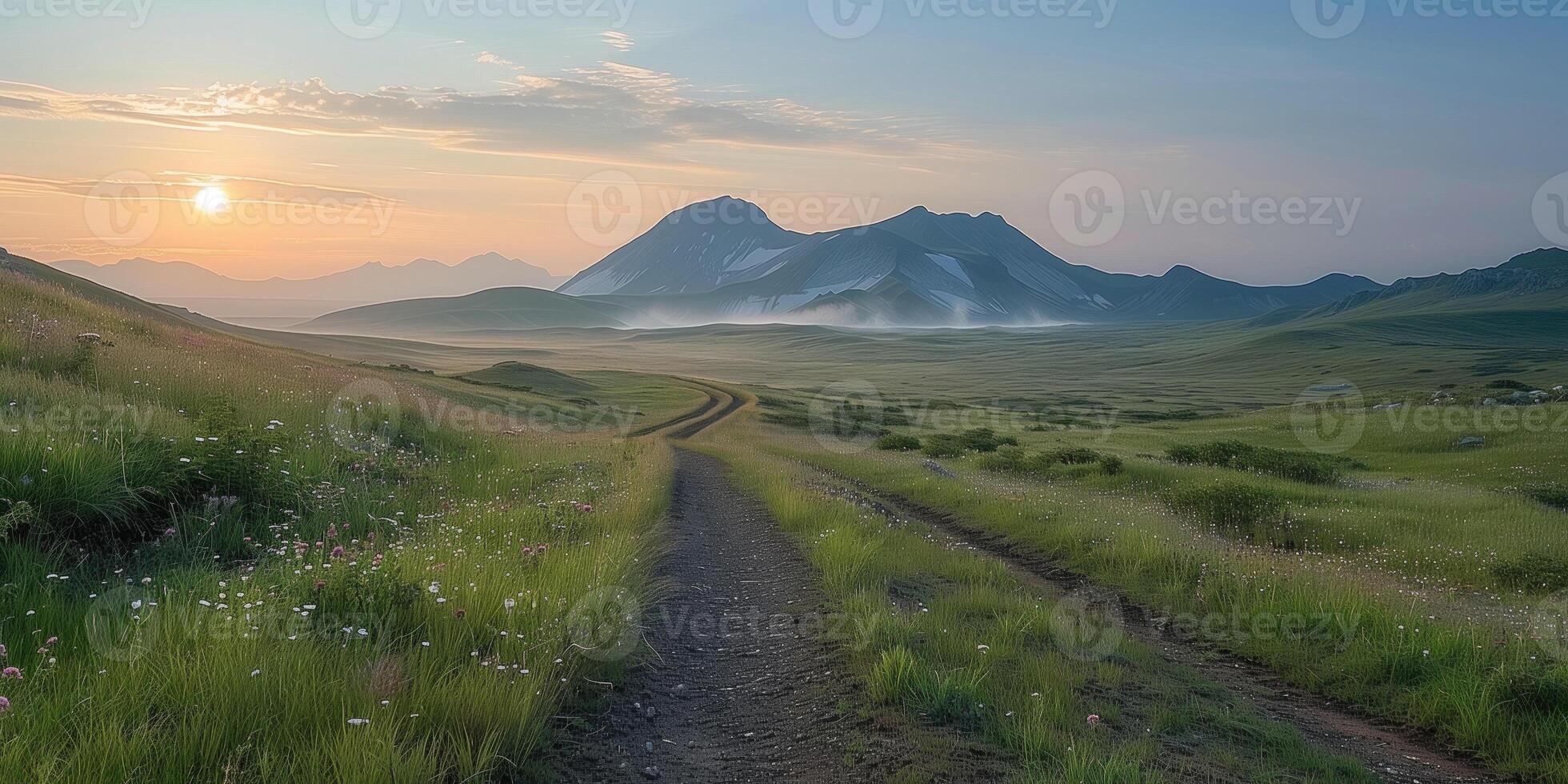 ai generato panoramico Visualizza di il montagna prateria a tramonto foto
