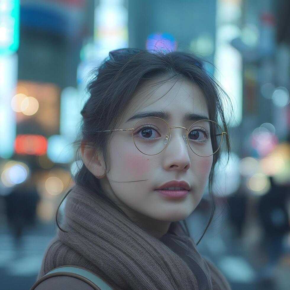 ai generato ritratto di giovane bellissimo giapponese donna nel bicchieri su occupato città strada foto