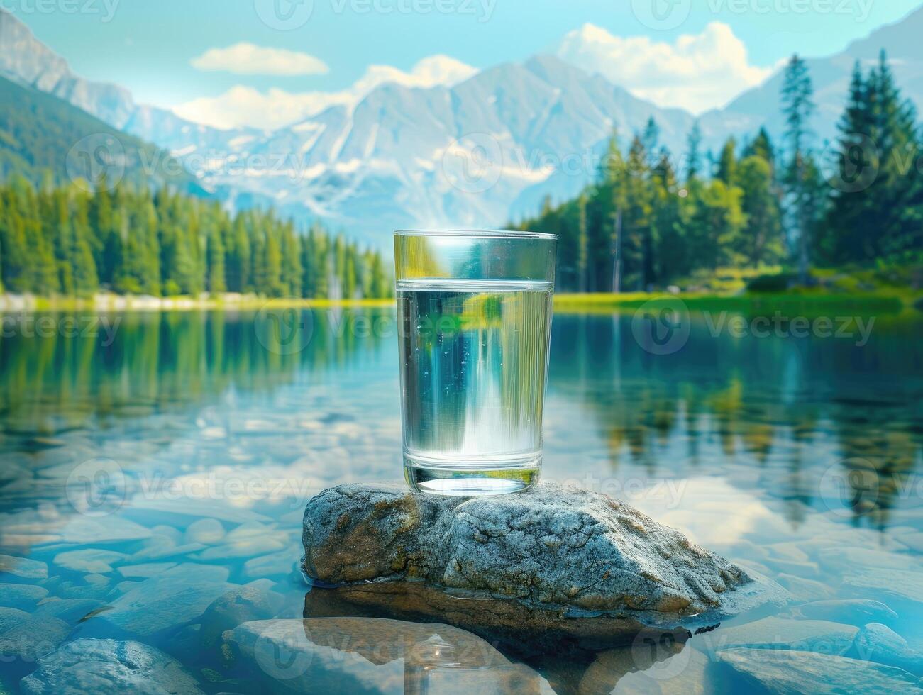 ai generato scrosciante acqua in un' bicchiere contro il natura sfondo. puro pulito bevanda freschezza contro montagna paesaggio foto