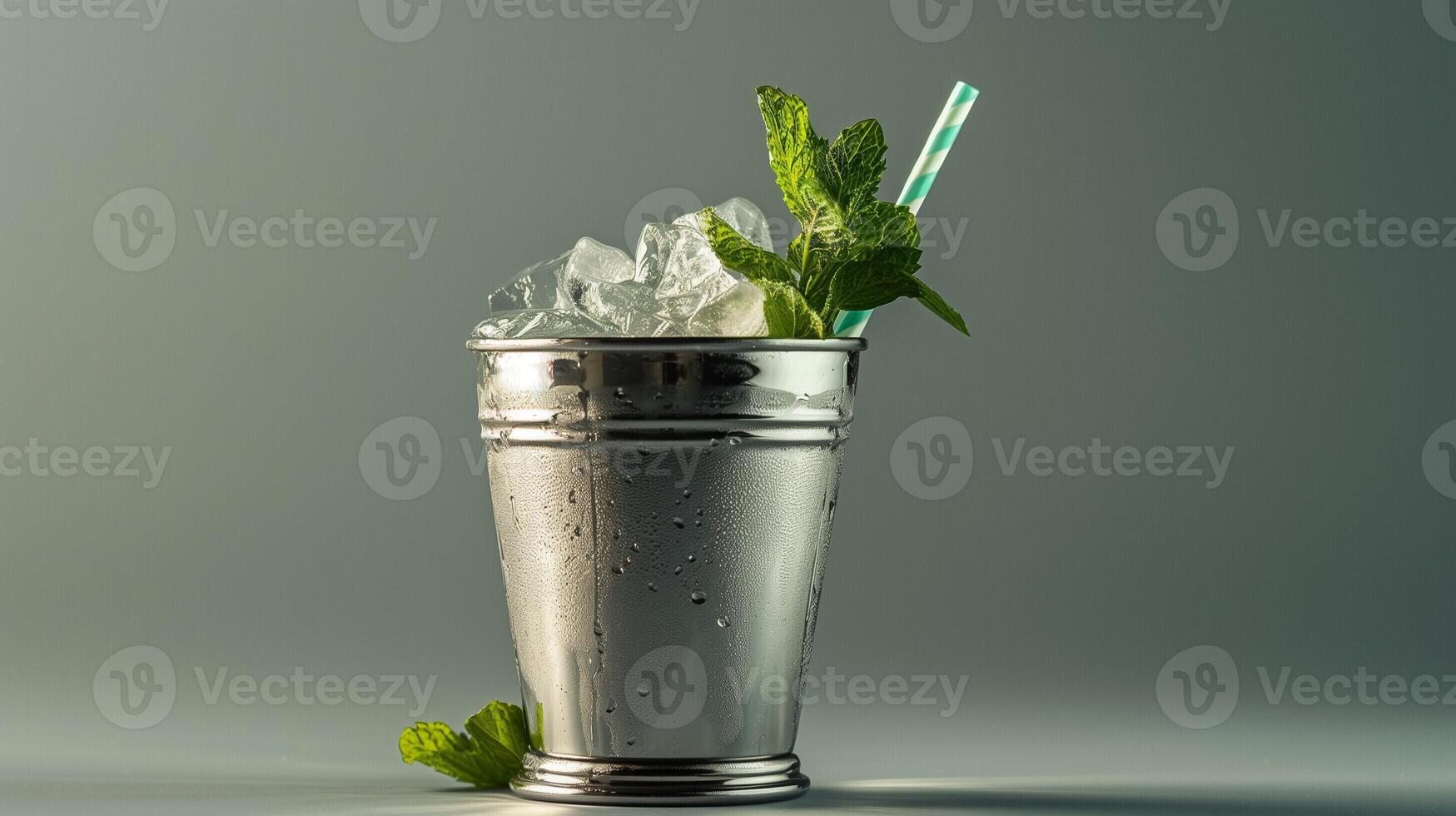 ai generato un' menta julep cocktail nel un' argento tazza, guarnito con fresco menta le foglie e un' cannuccia, isolato su un' pendenza sfondo foto