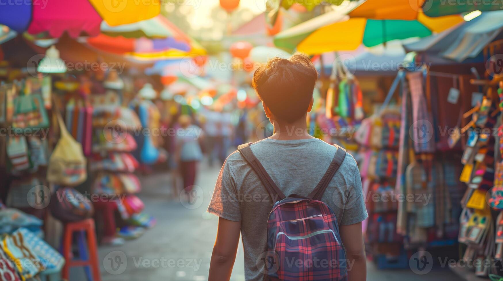 ai generato giovane asiatico uomo con un' zaino esplorando un' vivace tradizionale mercato strada foderato con colorato ombrelli e assortito Locale artigianato, cattura il essenza di culturale turismo foto