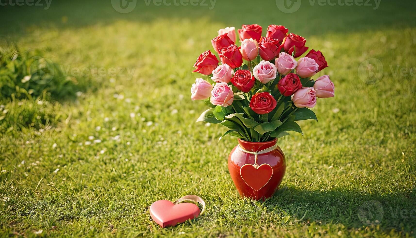 ai generato rosso e rosa Rose nel a forma di cuore vaso, erboso campo, romantico gesto, San Valentino giorno amore simbolo, all'aperto ambientazione, naturale luce, morbido messa a fuoco, caldo toni, floreale disposizione, regalo idea, foto