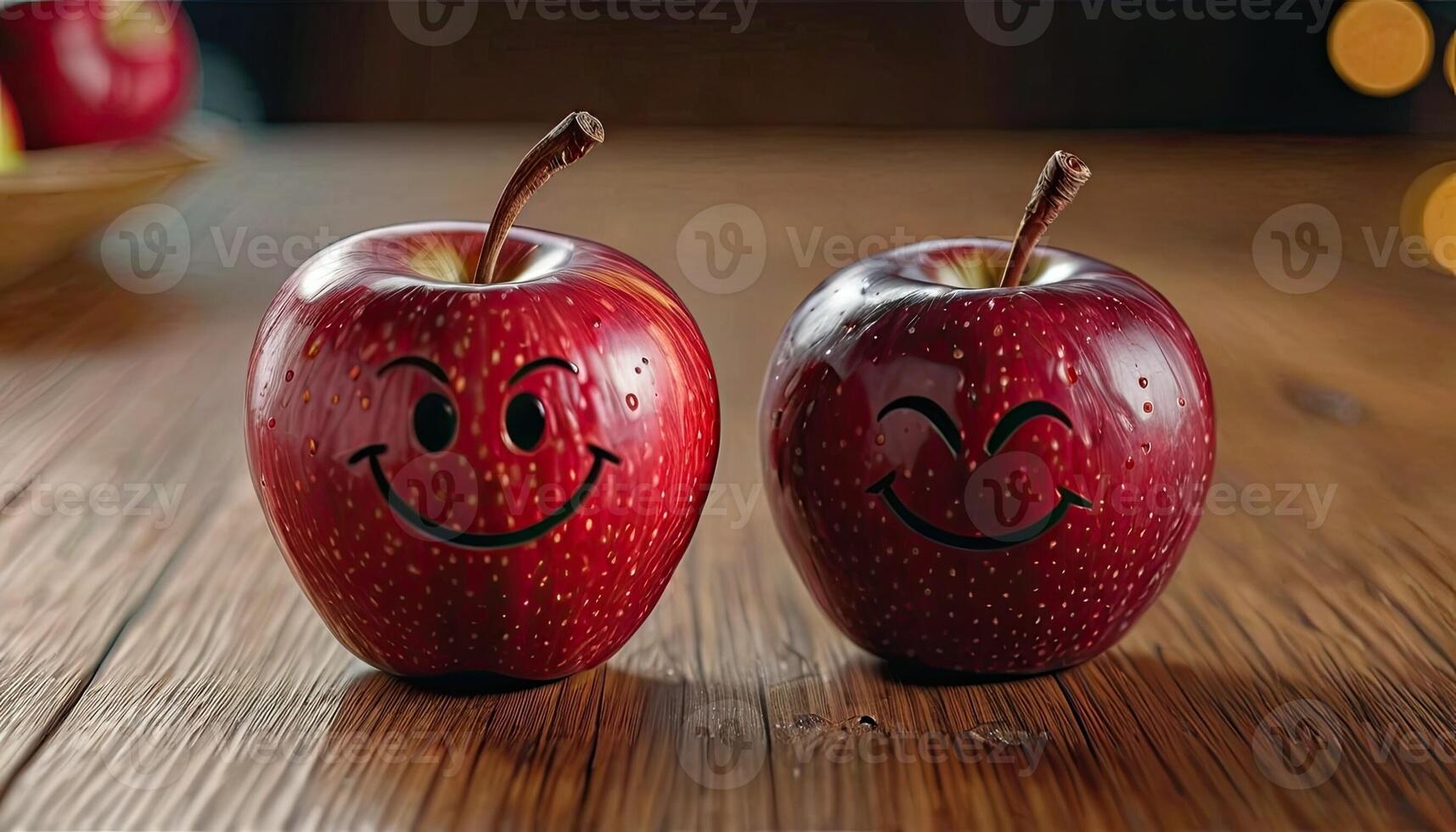 ai generato Mela il male sorridente - lavorato il male Sorridi su mela, di legno superficie, interno illuminazione. foto