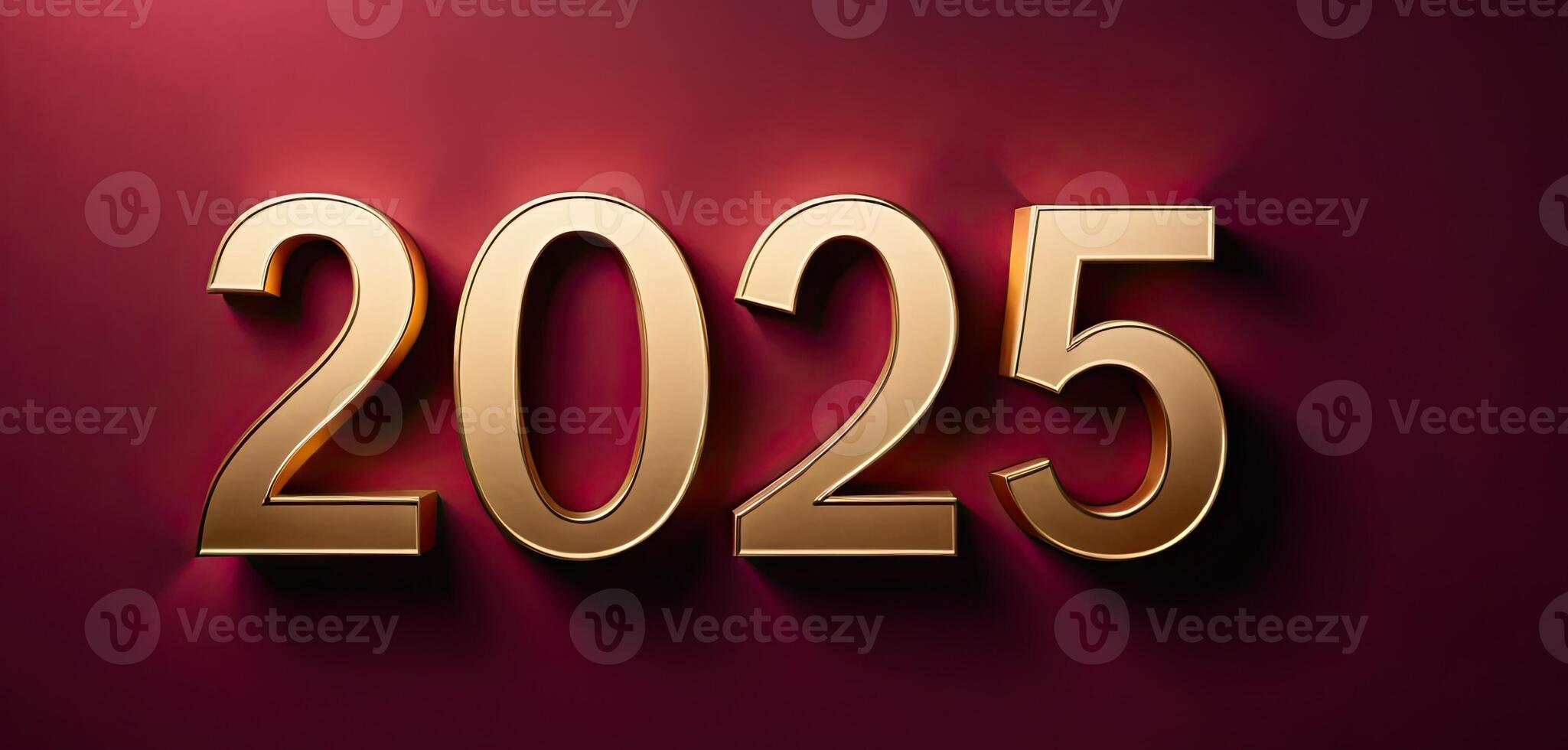 ai generato d'oro cifre 2025 su buio rosso sfondo con bokeh luci, festivo atmosfera, ideale per nuovo anno evento promozioni. foto