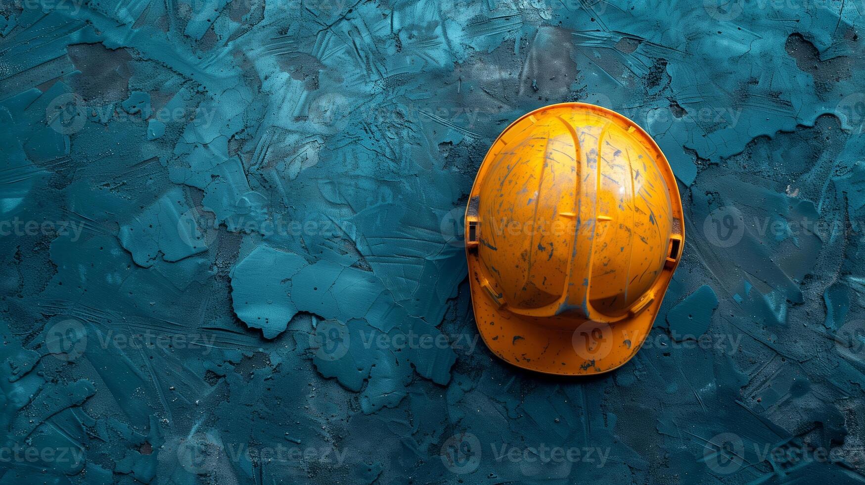 ai generato costruzione concetto, superiore Visualizza di un' Usato giallo sicurezza casco su un' strutturato buio blu industriale sfondo con copia spazio foto