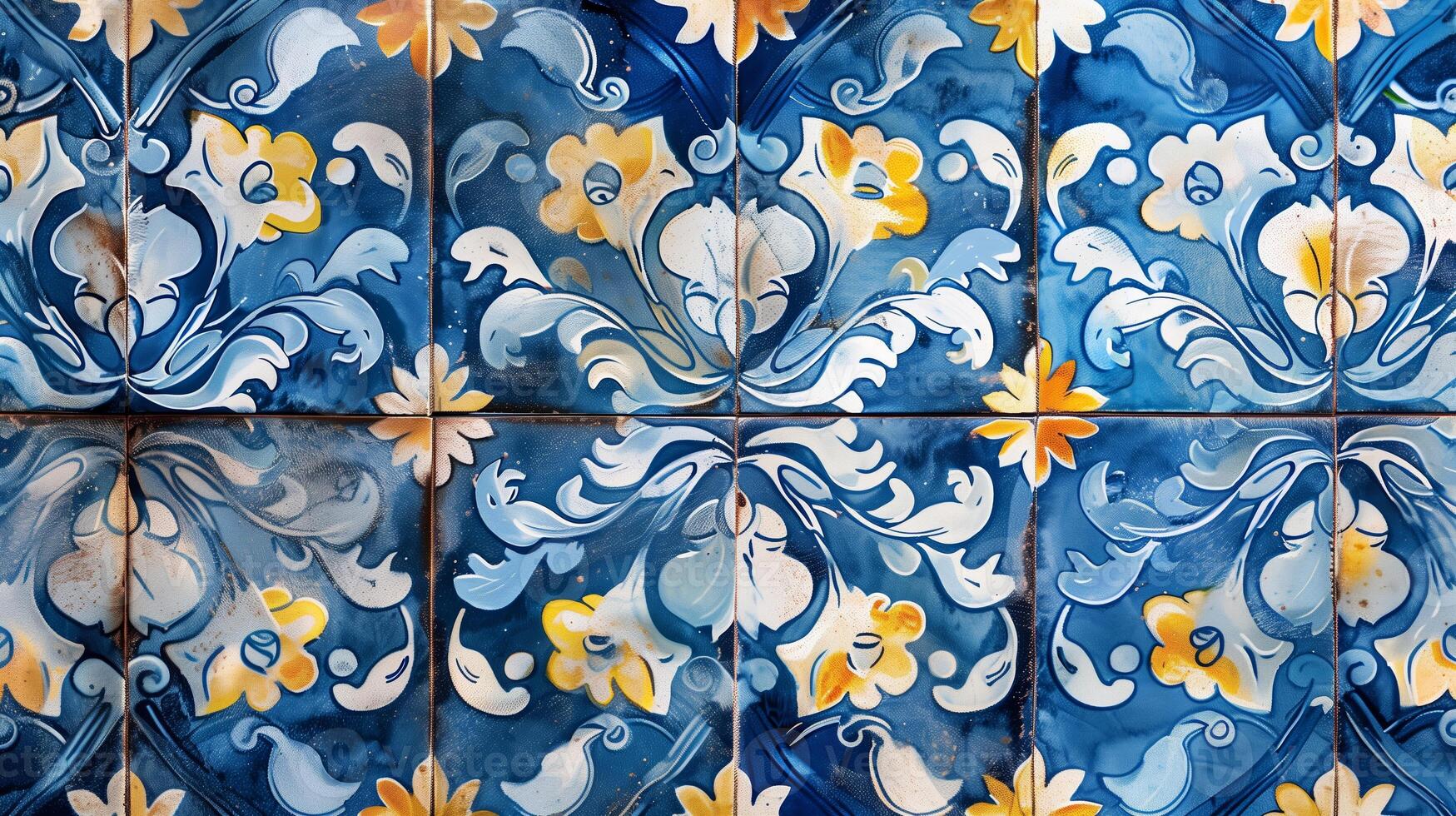 ai generato tradizionale portoghese azulejo piastrelle con ornato blu e giallo floreale modelli, ideale per sfondi o culturale concetti relazionato per Portogallo e suo artigianale eredità foto
